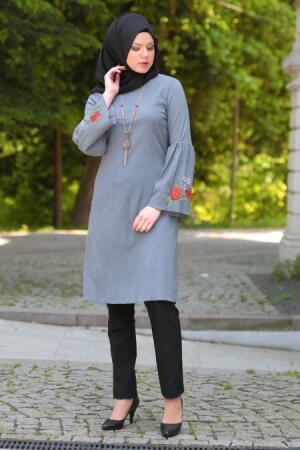Neva Style - Kolyeli Volan Kol Gri Tesettür Tunik 52070GR - 1
