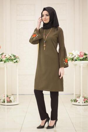 Neva Style - Kolyeli Volan Kol Haki Tesettür Tunik 52070HK - 1