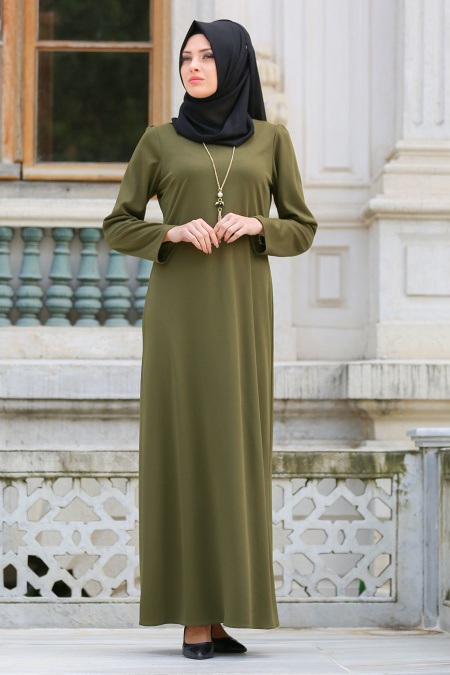 Neva Style - Kolyeli Yeşil Tesettür Elbise 41490Y