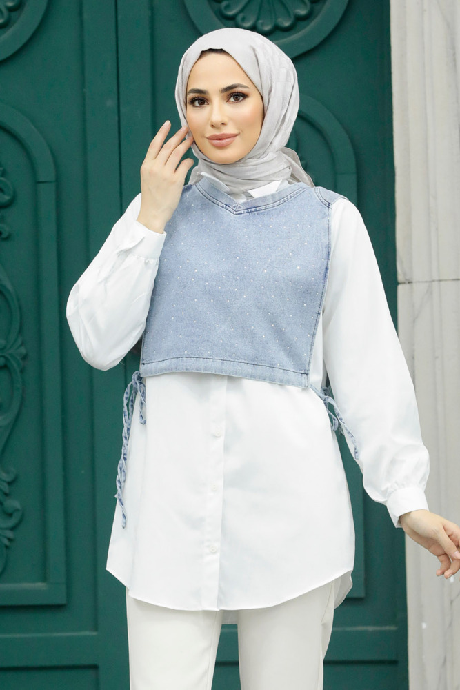 Neva Style - Kot Detaylı Beyaz Tesettür Gömlek 34471B - NEVA STYLE