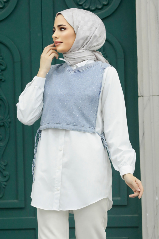 Neva Style - Kot Detaylı Beyaz Tesettür Gömlek 34471B - 2