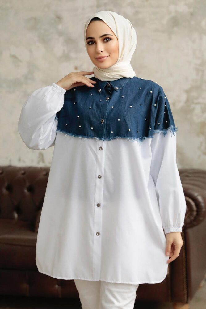 Neva Style - Kot Detaylı Lacivert Tesettür Tunik 547L - 2
