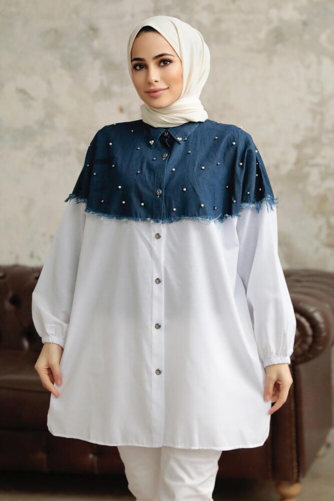 Neva Style - Kot Detaylı Lacivert Tesettür Tunik 547L - NEVA STYLE