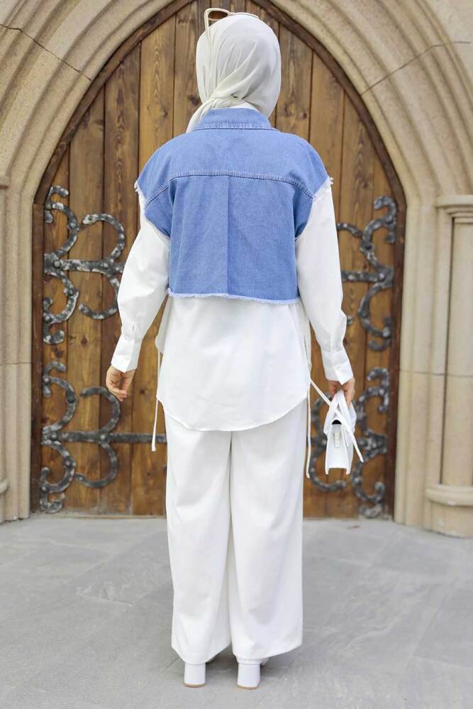  Kot Detaylı Lacivert Tesettür Tunik 9098L - 3