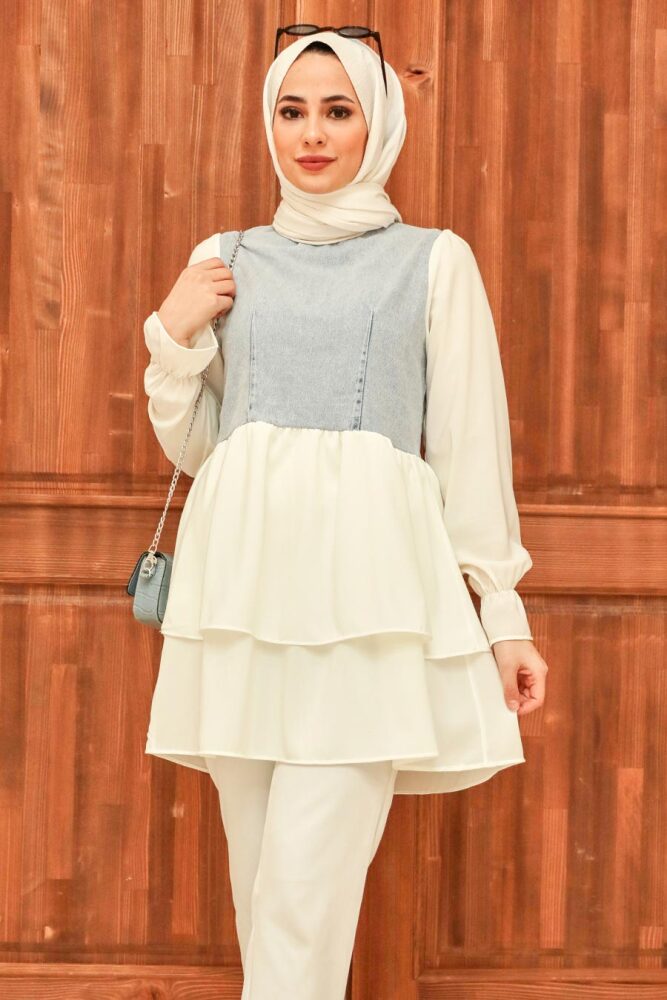  Kot Detaylı Mavi Tesettür Tunik 221128M - 4