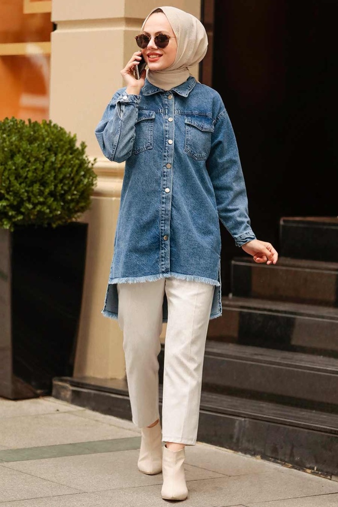Neva Style - Kot Lacivert Tesettür Gömlek 40351L - 2