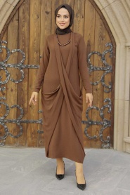Neva Style - Koyu Kahverengi Tesettür Elbise 34281KKH - Thumbnail
