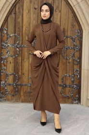 Neva Style - Koyu Kahverengi Tesettür Elbise 34281KKH - Thumbnail
