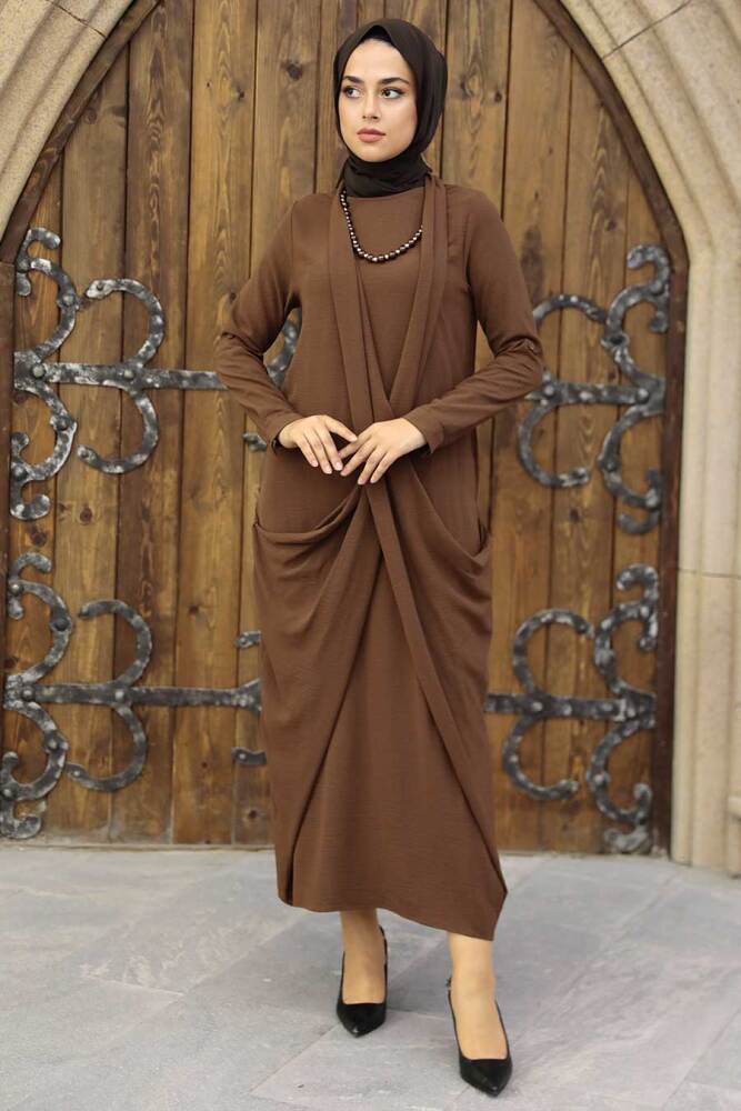 Neva Style - Koyu Kahverengi Tesettür Elbise 34281KKH - 2