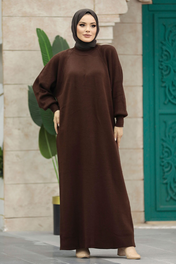  Koyu Kahverengi Tesettür Triko Elbise 34293KKH - 3