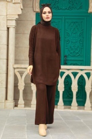 Neva Style - Koyu Kahverengi Tesettür Triko İkili Takım 3413KKH - Thumbnail