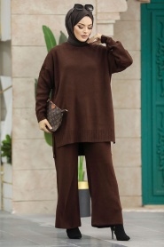Neva Style - Koyu Kahverengi Tesettür Triko İkili Takım 34341KKH - Thumbnail