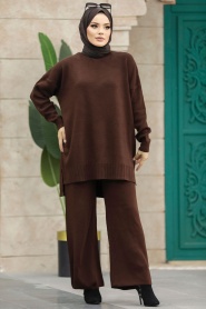 Neva Style - Koyu Kahverengi Tesettür Triko İkili Takım 34341KKH - Thumbnail