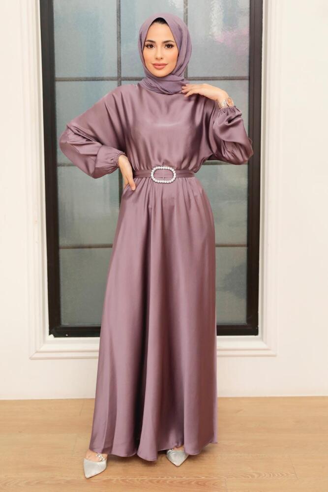 Neva Style - Koyu LiLa Saten Tesettür Elbise 5727KLILA - 1