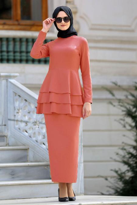Neva Style - Koyu Somon Peplum Bluz / Etek Tesettür Takım 42050KSMN - NEVA STYLE