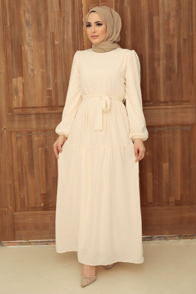 Neva Style - Krem Tesettür Elbise 13290KR - 2