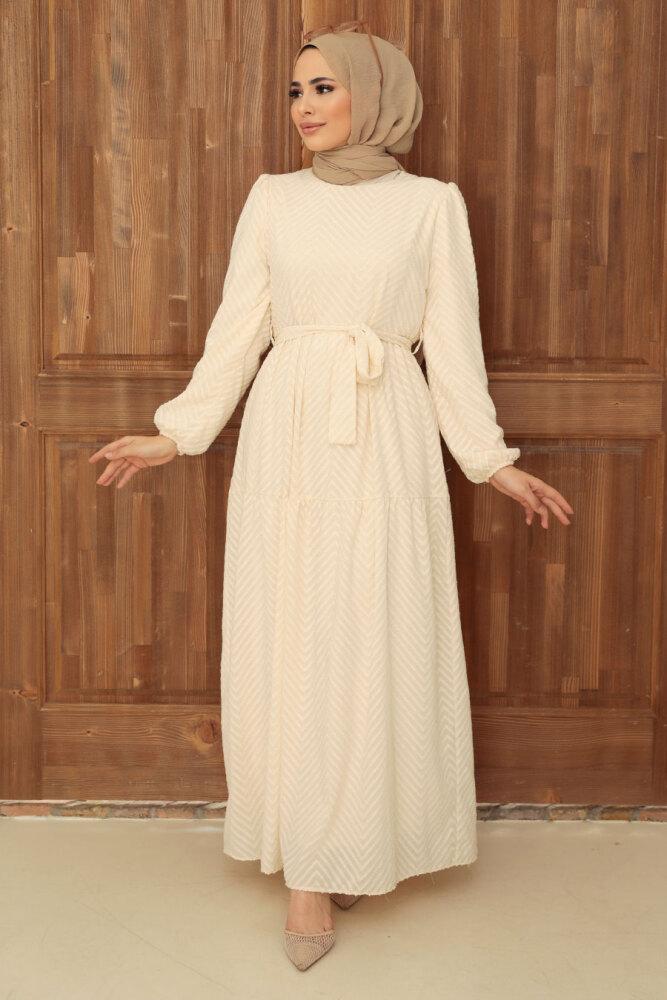 Neva Style - Krem Tesettür Elbise 13290KR - 1