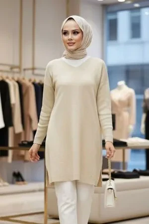  Krem Tesettür Triko Kazak Tunik 18120KR 