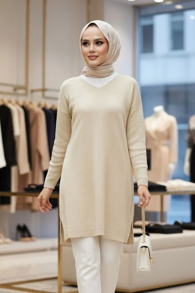  Krem Tesettür Triko Kazak Tunik 18120KR - 1