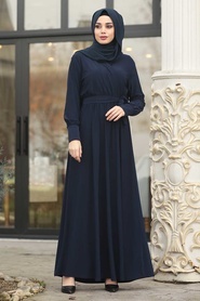 Neva Style - Kuşaklı Koyu Lacivert Sandy Tesettür Elbise 22372L - Thumbnail