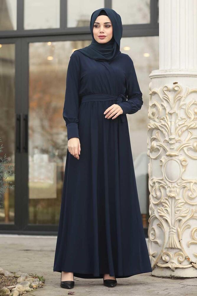 Neva Style - Kuşaklı Koyu Lacivert Sandy Tesettür Elbise 22372L - 1