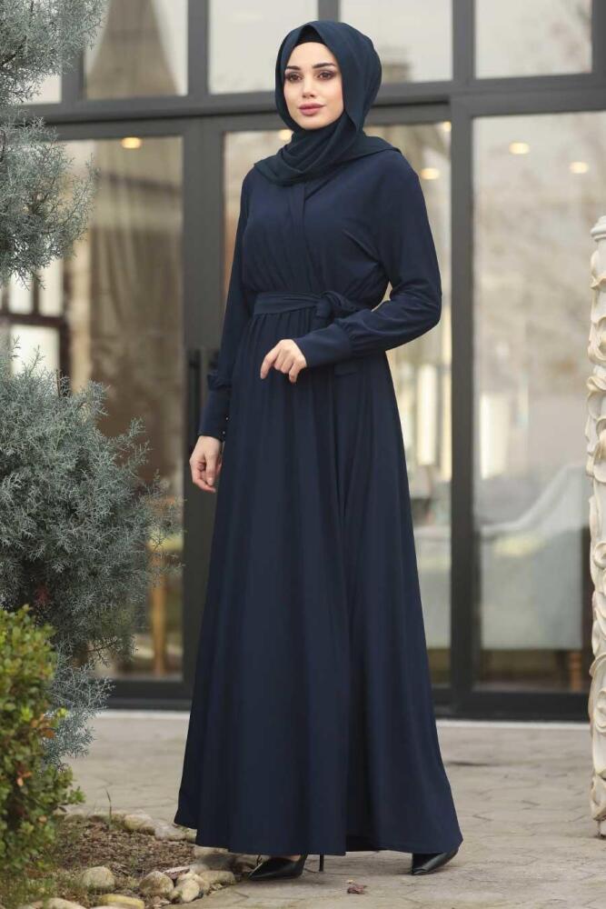 Neva Style - Kuşaklı Koyu Lacivert Sandy Tesettür Elbise 22372L - 2