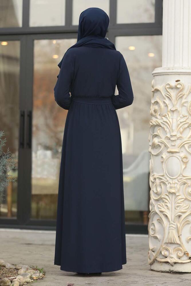 Neva Style - Kuşaklı Koyu Lacivert Sandy Tesettür Elbise 22372L - 3