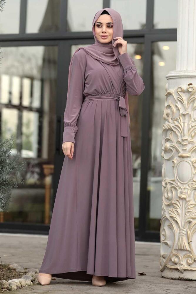 Neva Style - Kuşaklı Koyu Lila Sandy Tesettür Elbise 22372KL - 1