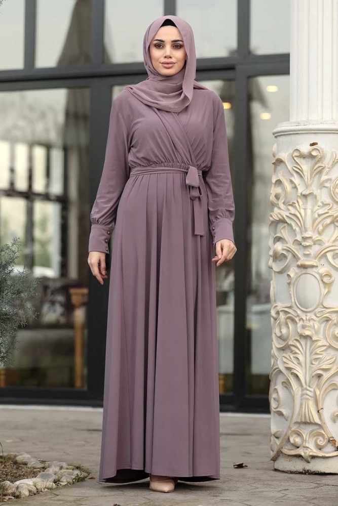 Neva Style - Kuşaklı Koyu Lila Sandy Tesettür Elbise 22372KL - 2