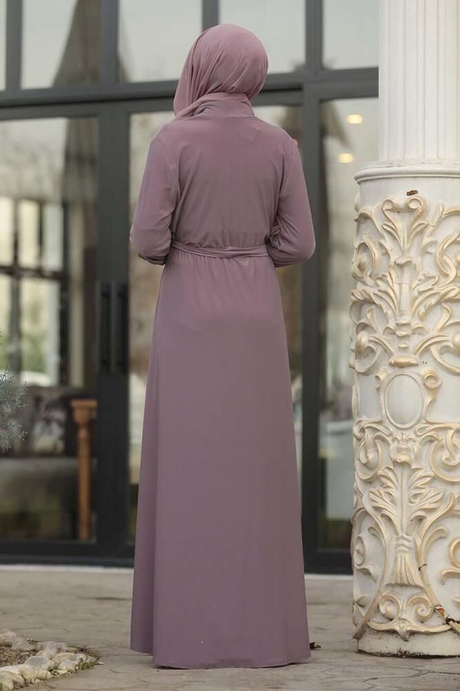 Neva Style - Kuşaklı Koyu Lila Sandy Tesettür Elbise 22372KL - 3