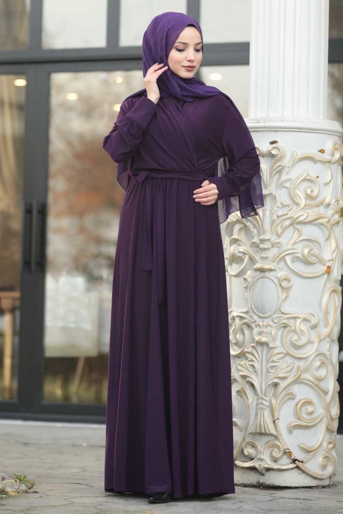 Neva Style - Kuşaklı Mor Sandy Tesettür Elbise 22372MOR - 1