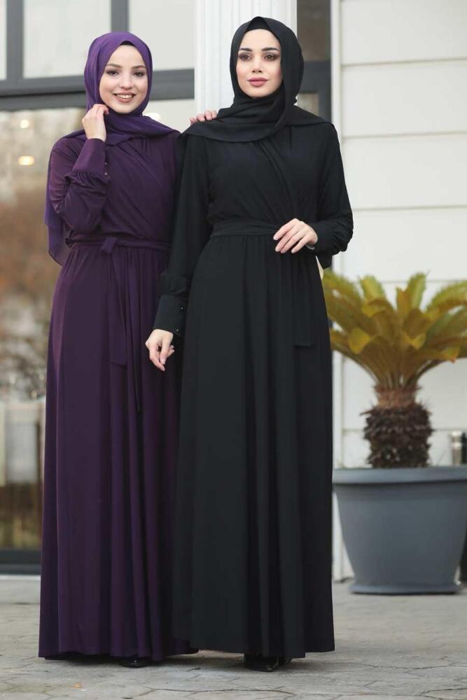 Neva Style - Kuşaklı Mor Sandy Tesettür Elbise 22372MOR - 2