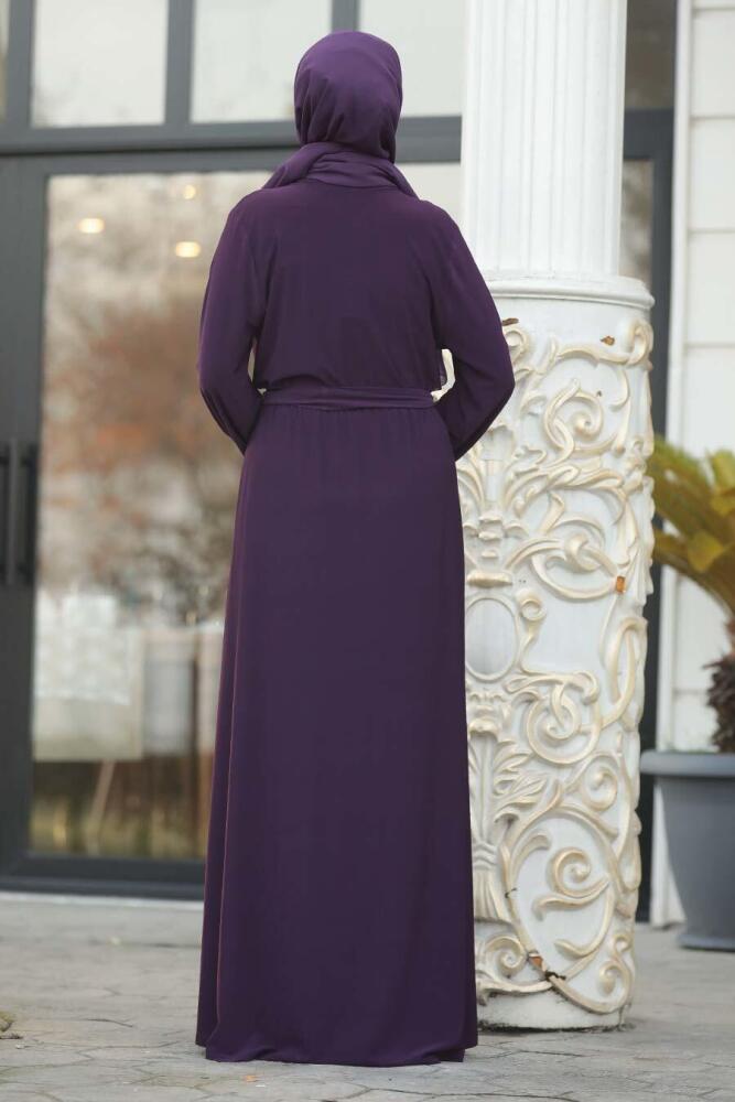 Neva Style - Kuşaklı Mor Sandy Tesettür Elbise 22372MOR - 3