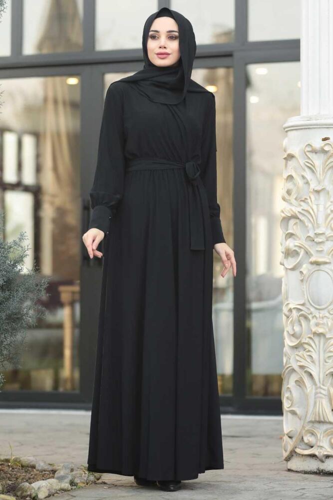 Neva Style - Kuşaklı Siyah Sandy Tesettür Elbise 22372S - 1