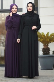 Neva Style - Kuşaklı Siyah Sandy Tesettür Elbise 22372S - Thumbnail