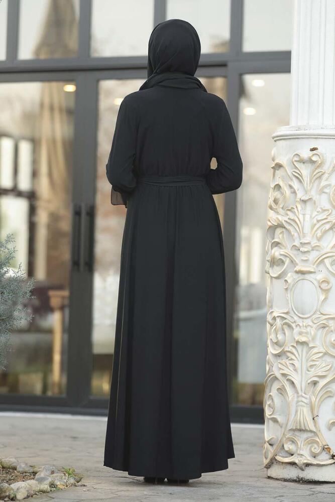 Neva Style - Kuşaklı Siyah Sandy Tesettür Elbise 22372S - 4