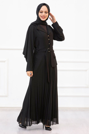 Neva Style - Kruvaze Piliseli Siyah Tesettür Elbise 1506S - Thumbnail