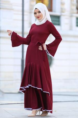 Neva Style -Kruvaze Yaka Kemerli Bordo Tesettür Elbise - 41810BR - 1