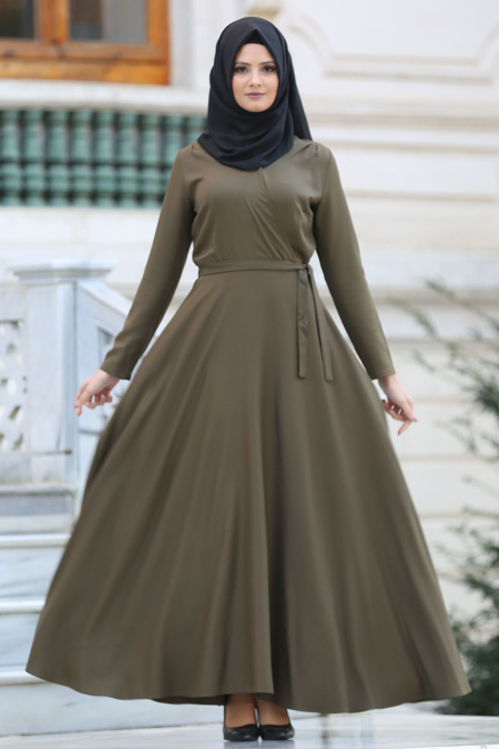 Neva Style -Kruvaze Yaka Kemerli Haki Tesettür Elbise 41980HK