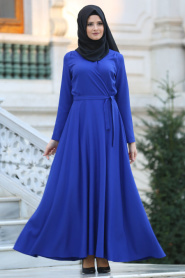 Neva Style -Kruvaze Yaka Kemerli Sax Mavisi Tesettür Elbise 41980SX - Thumbnail