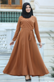 Neva Style -Kruvaze Yaka Kemerli Taba Tesettür Elbise 41980TB - Thumbnail