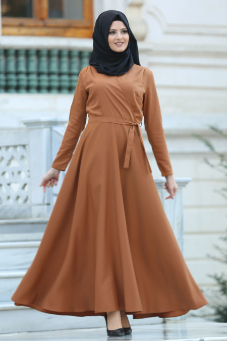 Neva Style -Kruvaze Yaka Kemerli Taba Tesettür Elbise 41980TB