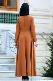Neva Style -Kruvaze Yaka Kemerli Taba Tesettür Elbise 41980TB - Thumbnail