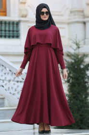 Neva Style -Kruvaze Yaka Kemerli Bordo Tesettür Elbise - 41990BR - Thumbnail