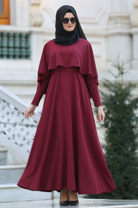 Neva Style -Kruvaze Yaka Kemerli Bordo Tesettür Elbise - 41990BR