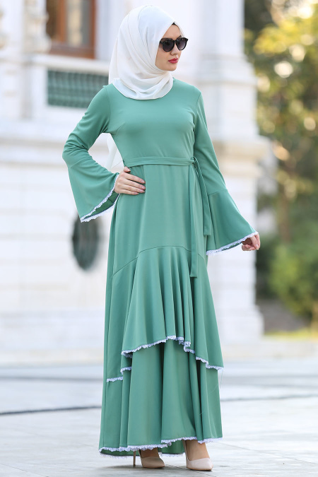 Neva Style -Kruvaze Yaka Kemerli Çağla Yeşili Tesettür Elbise - 41810CY