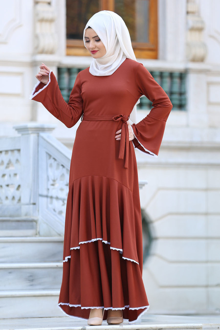 Neva Style -Kruvaze Yaka Kemerli Kiremit Tesettür Elbise - 41810KRMT