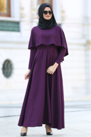 Neva Style -Kruvaze Yaka Kemerli Mor Tesettür Elbise - 41990MOR - Thumbnail