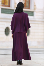 Neva Style -Kruvaze Yaka Kemerli Mor Tesettür Elbise - 41990MOR - Thumbnail