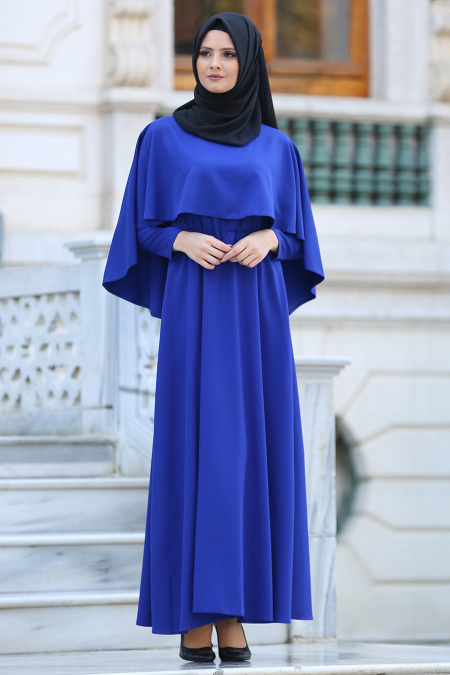 Neva Style -Kruvaze Yaka Kemerli Saks Mavisi Tesettür Elbise - 41990SX